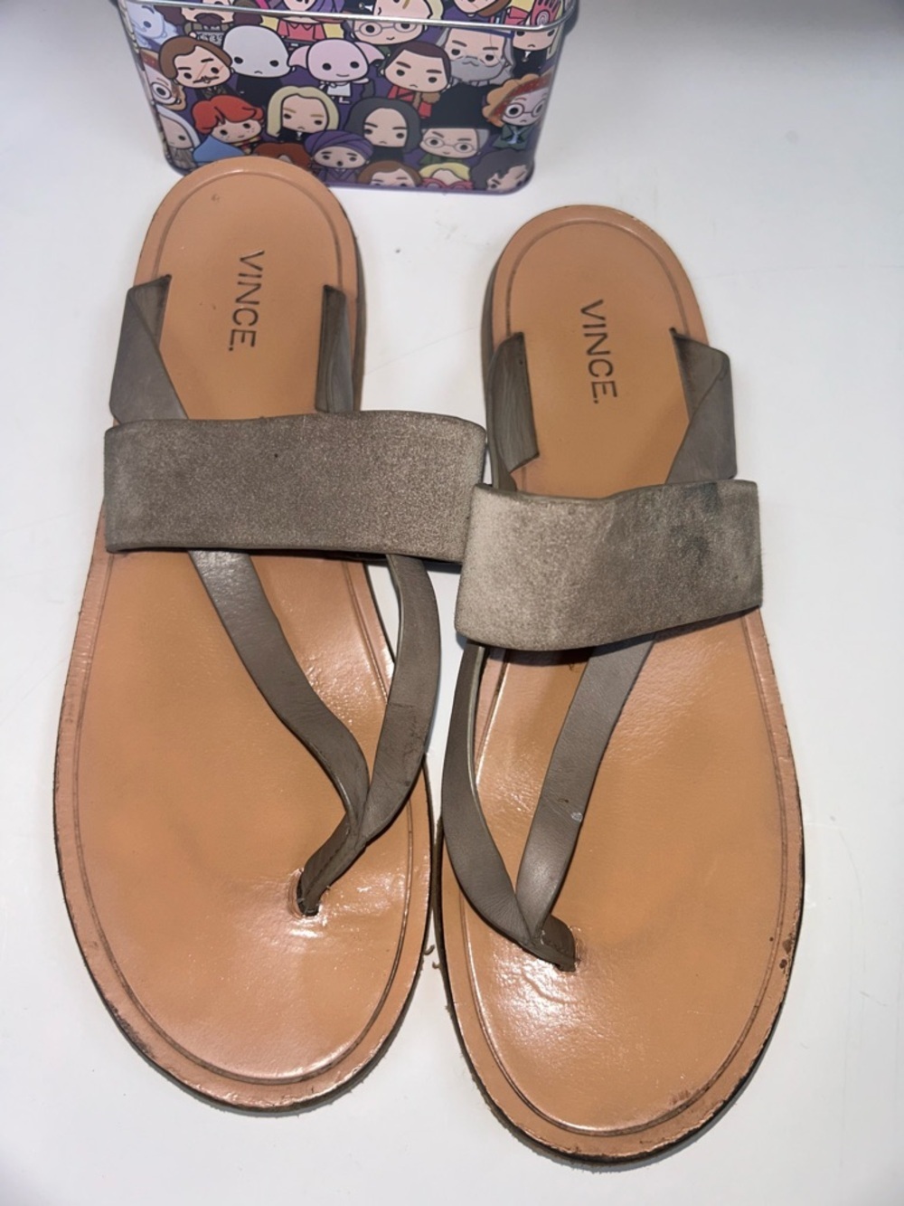 Vince grey Suede Wide Strap Tan Leather Thong Sandal - Picture 4 of 10